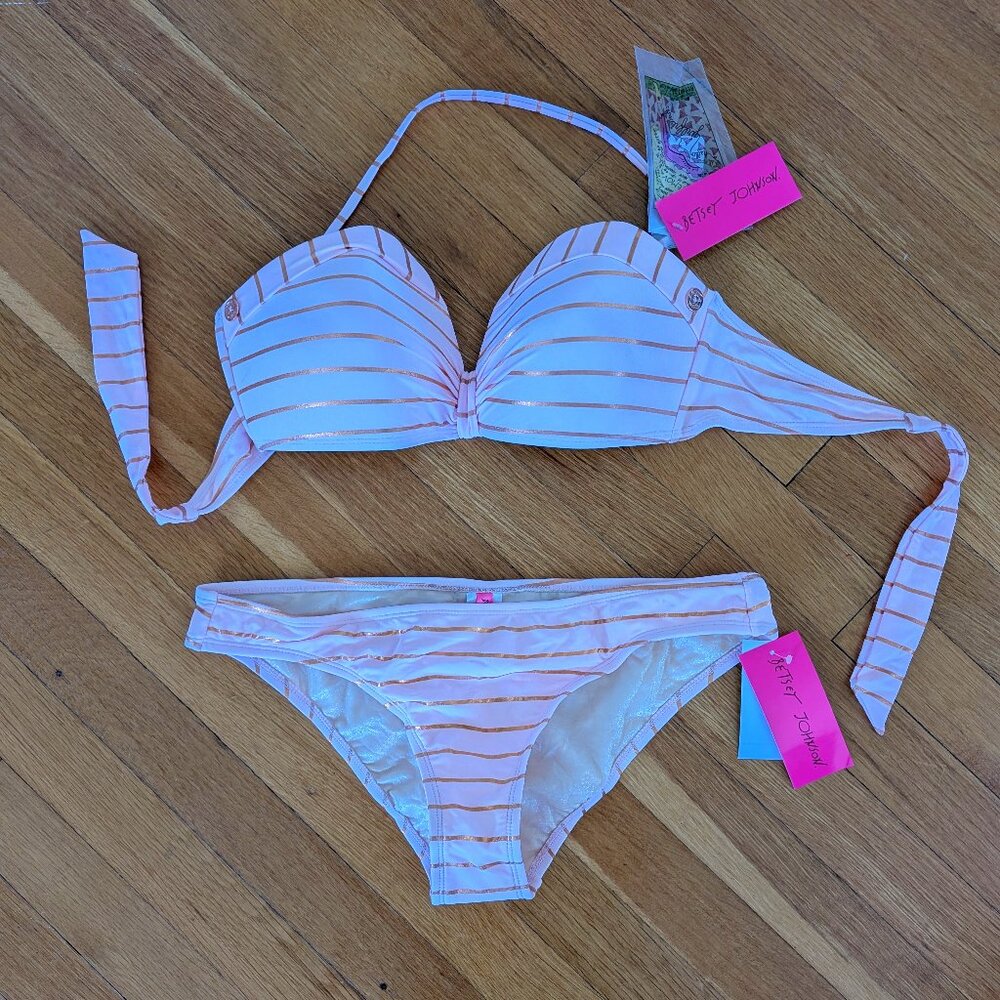 NWT Betsey Johnson Pink and Gold Bikini L